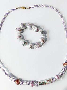 Vintage Porcelain Bead Necklace Bracelet Set